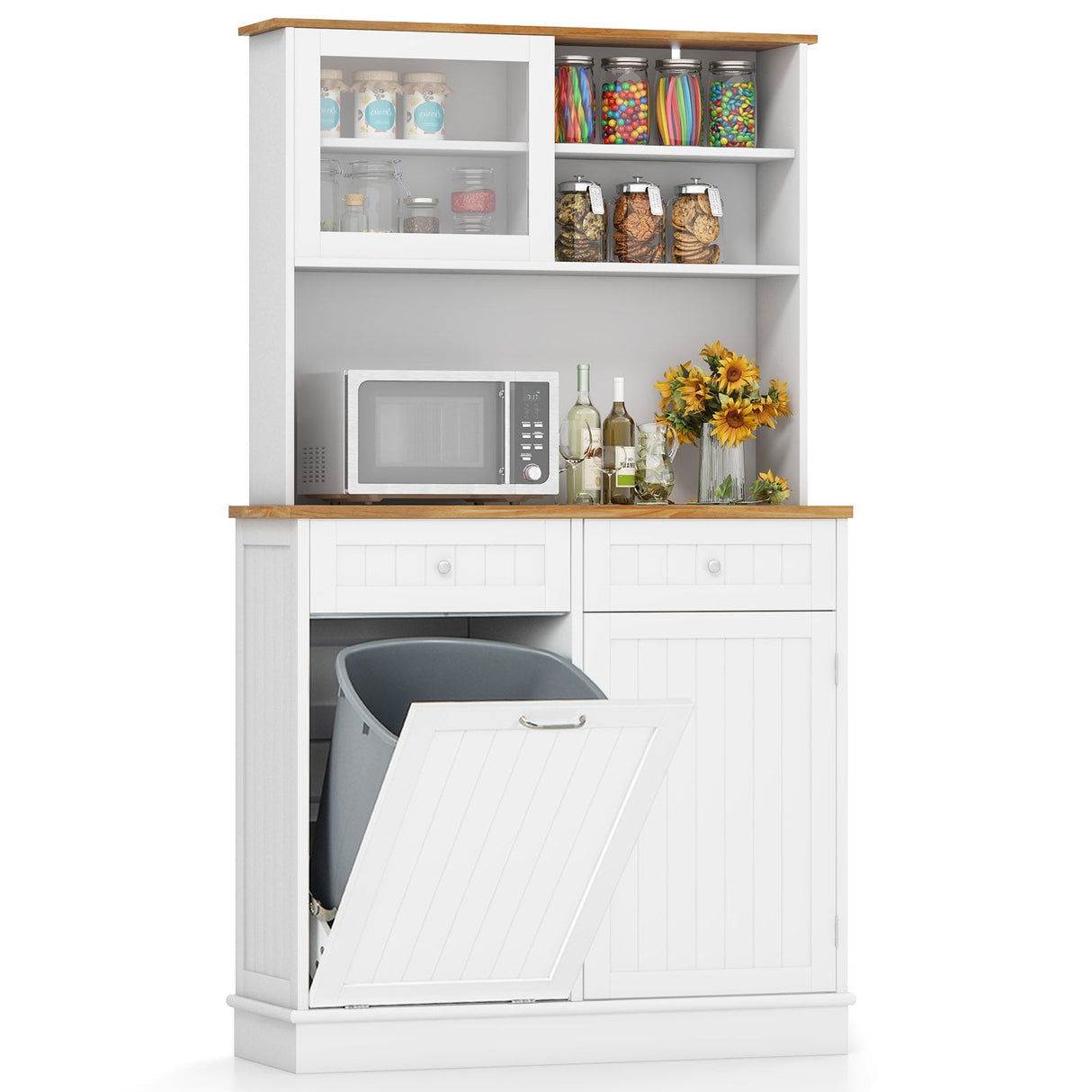 Cubo de basura doble inclinable con alacena y encimera de madera de caucho