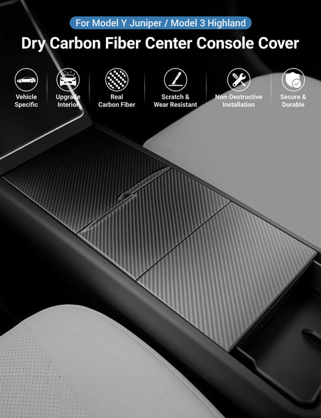 Dry Carbon Fiber Center Console Cover For Model Y Juniper / Model 3 Highland / Model YL