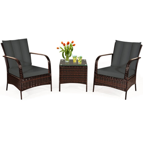 Juego de Muebles de Ratán para Patio de 3 Piezas con Mesa de Centro de Cristal y Cojines