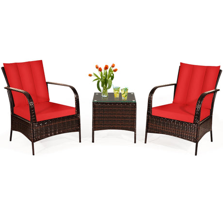 Juego de Muebles de Ratán para Patio de 3 Piezas con Mesa de Centro de Cristal y Cojines