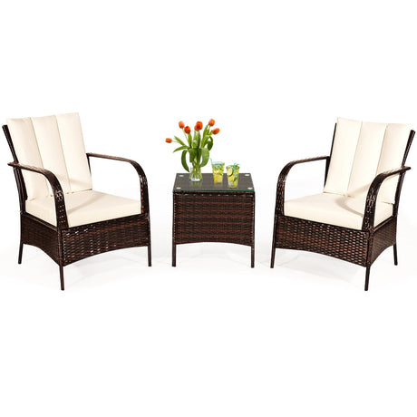 Juego de Muebles de Ratán para Patio de 3 Piezas con Mesa de Centro de Cristal y Cojines