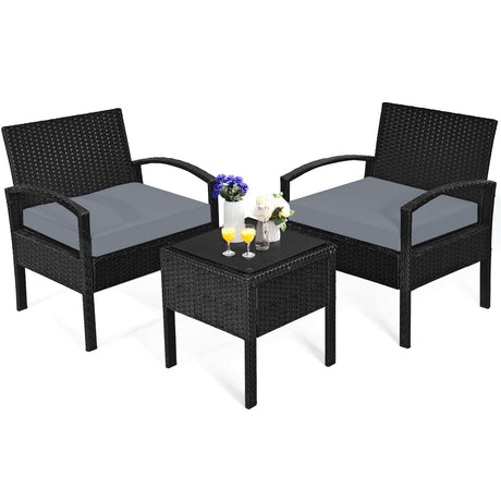 Juego de 3 piezas de muebles de patio de ratán para conversación con cojines de asiento