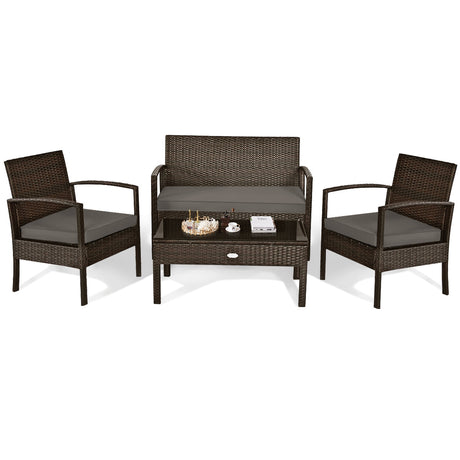 Juego de muebles de patio de ratán acolchado de 4 piezas