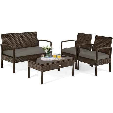 Juego de muebles de patio de ratán acolchado de 4 piezas