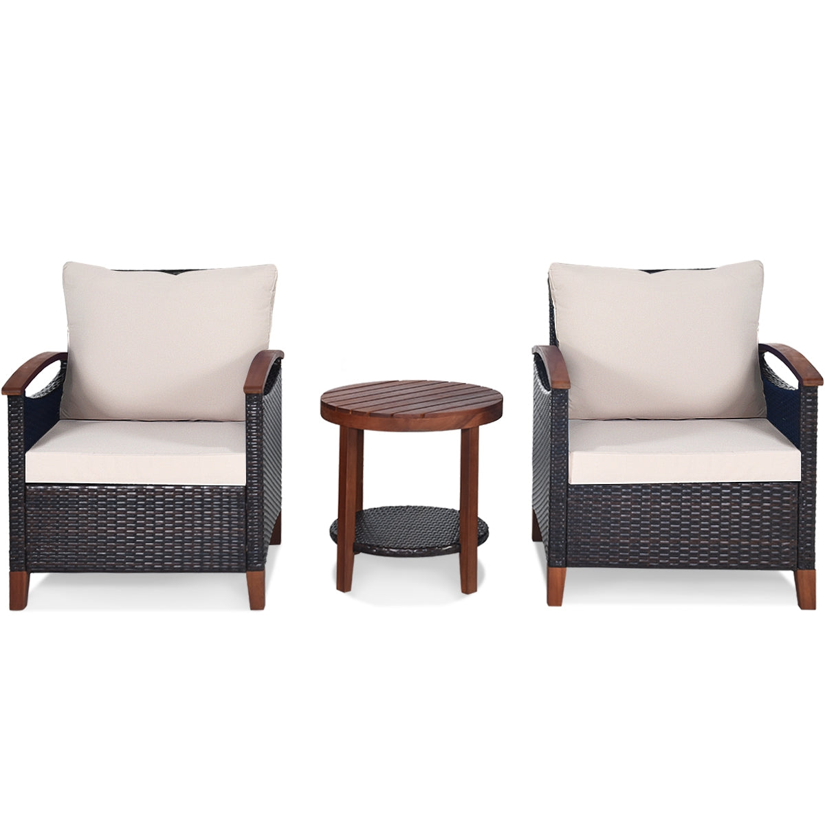 Juego de muebles de patio de ratán de 3 piezas con cojines lavables y tablero de mesa de madera de acacia