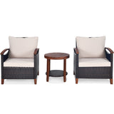 Juego de muebles de patio de ratán de 3 piezas con cojines lavables y tablero de mesa de madera de acacia