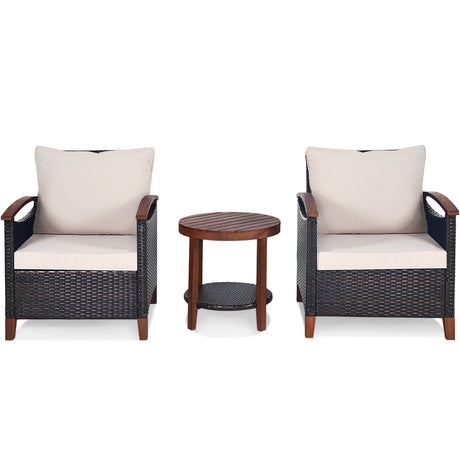 Juego de muebles de patio de ratán de 3 piezas con cojines lavables y tablero de mesa de madera de acacia