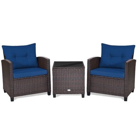 Juego de muebles de patio de ratán de 3 piezas, juego de conversación acolchado, mesa de centro - Beige