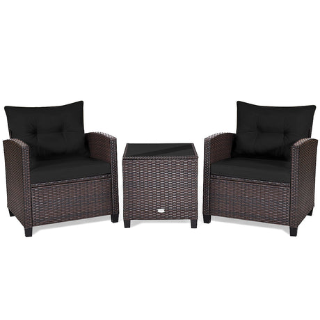 Juego de muebles de patio de ratán de 3 piezas, juego de conversación acolchado, mesa de centro - Beige