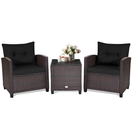 Juego de muebles de patio de ratán de 3 piezas, juego de conversación acolchado, mesa de centro - Beige