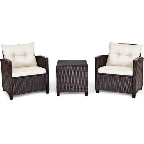Juego de muebles de patio de ratán de 3 piezas, juego de conversación acolchado, mesa de centro - Beige