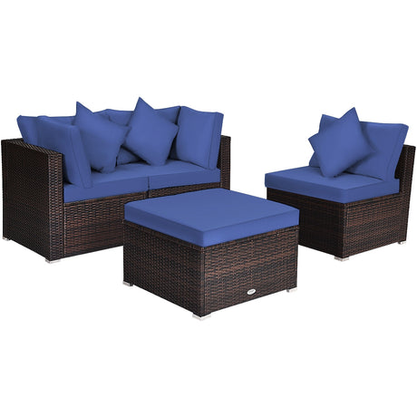 4 Pieces Ottoman Garden Patio Rattan Wicker Furniture Set with Cushion-Gray