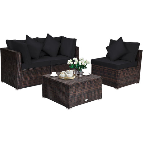 4 Pieces Ottoman Garden Patio Rattan Wicker Furniture Set with Cushion-Gray