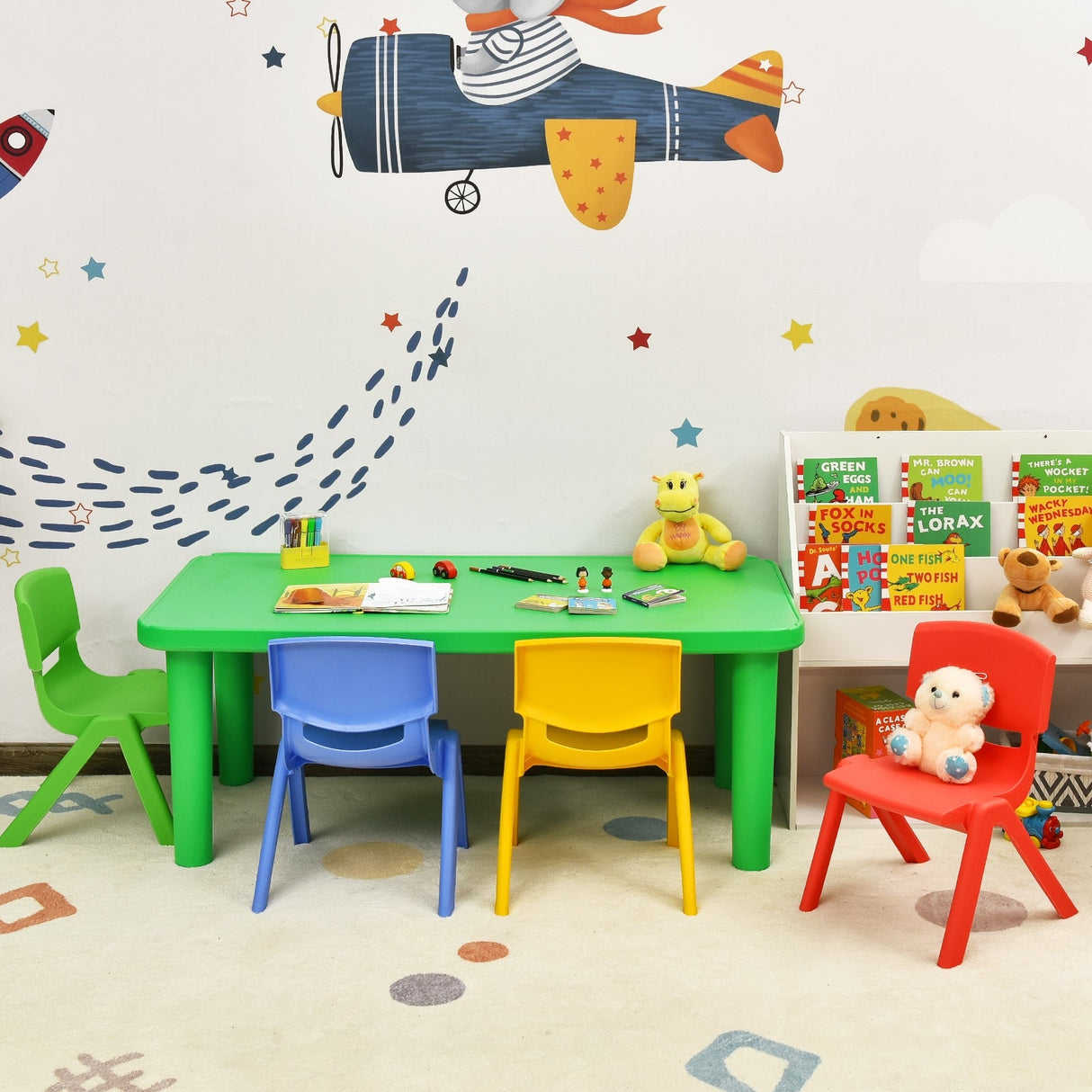 Juego de Mesa y 4 Sillas de Plástico de Colores para Niños