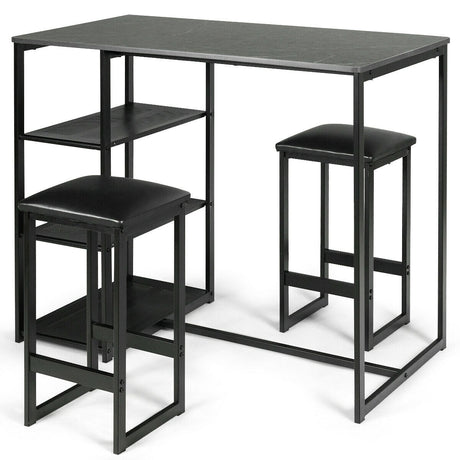 Juego de comedor de 3 piezas con mesa con tapa de mármol sintético y 2 taburetes-Negro