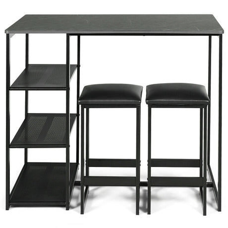 Juego de comedor de 3 piezas con mesa con tapa de mármol sintético y 2 taburetes-Negro