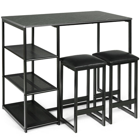 Juego de comedor de 3 piezas con mesa con tapa de mármol sintético y 2 taburetes-Negro
