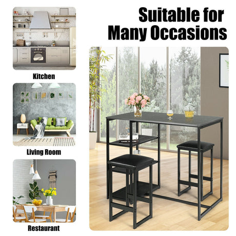 Juego de comedor de 3 piezas con mesa con tapa de mármol sintético y 2 taburetes-Negro