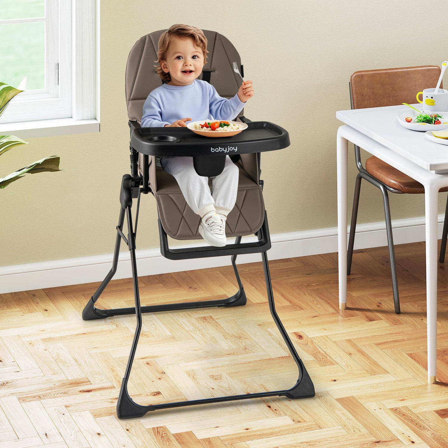 Trona compacta Easy Clean con bandeja ajustable extraíble y cojín de asiento de PU