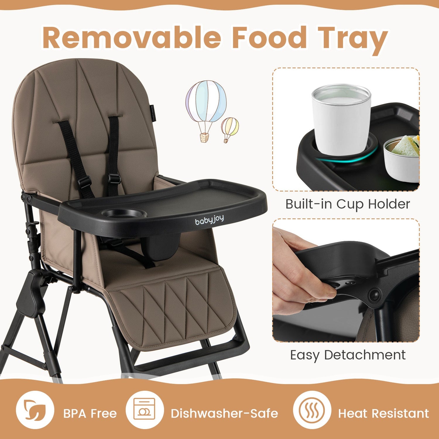 Trona compacta Easy Clean con bandeja ajustable extraíble y cojín de asiento de PU