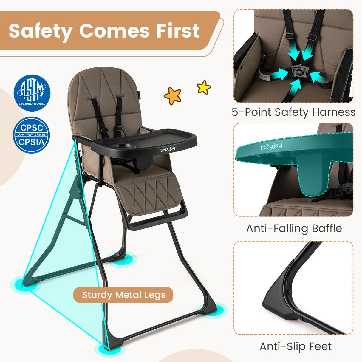 Trona compacta Easy Clean con bandeja ajustable extraíble y cojín de asiento de PU