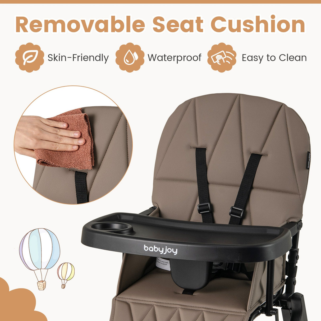 Trona compacta Easy Clean con bandeja ajustable extraíble y cojín de asiento de PU