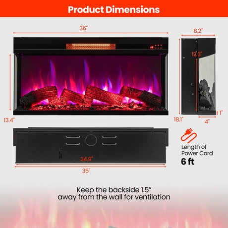 Chimenea eléctrica de 3 lados de 36 pulgadas y 1500W con llama de 7 colores - Negro