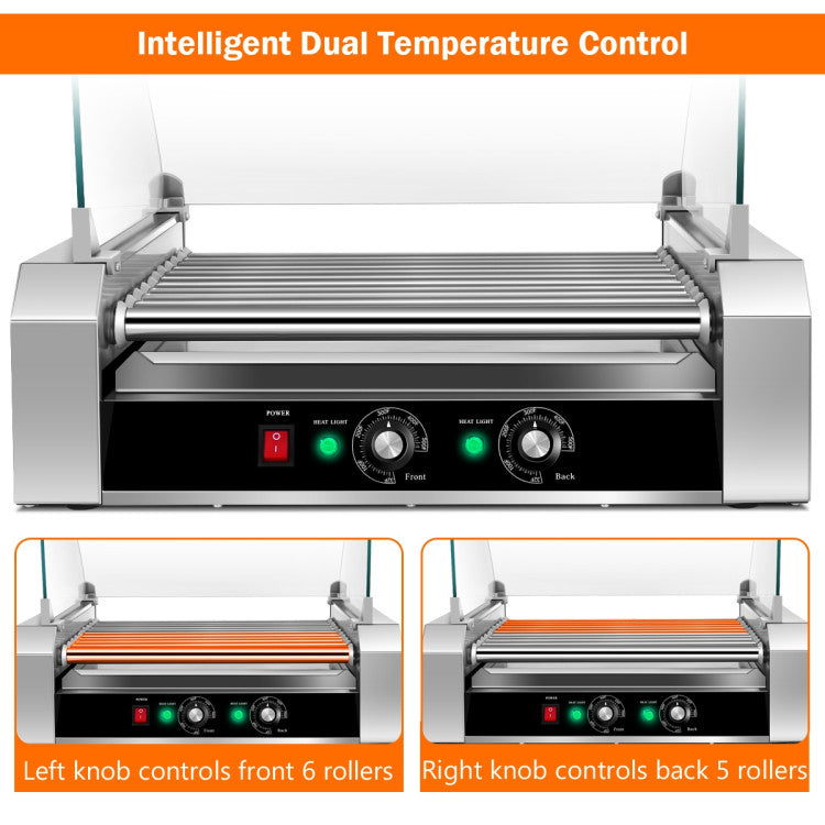 Asador de perritos calientes de acero inoxidable de 11 rodillos, capacidad para 30 perritos calientes