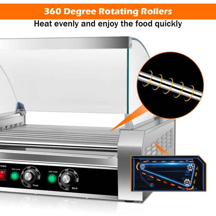 Asador de perritos calientes de acero inoxidable de 11 rodillos, capacidad para 30 perritos calientes