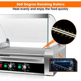 Asador de perritos calientes de acero inoxidable de 11 rodillos, capacidad para 30 perritos calientes