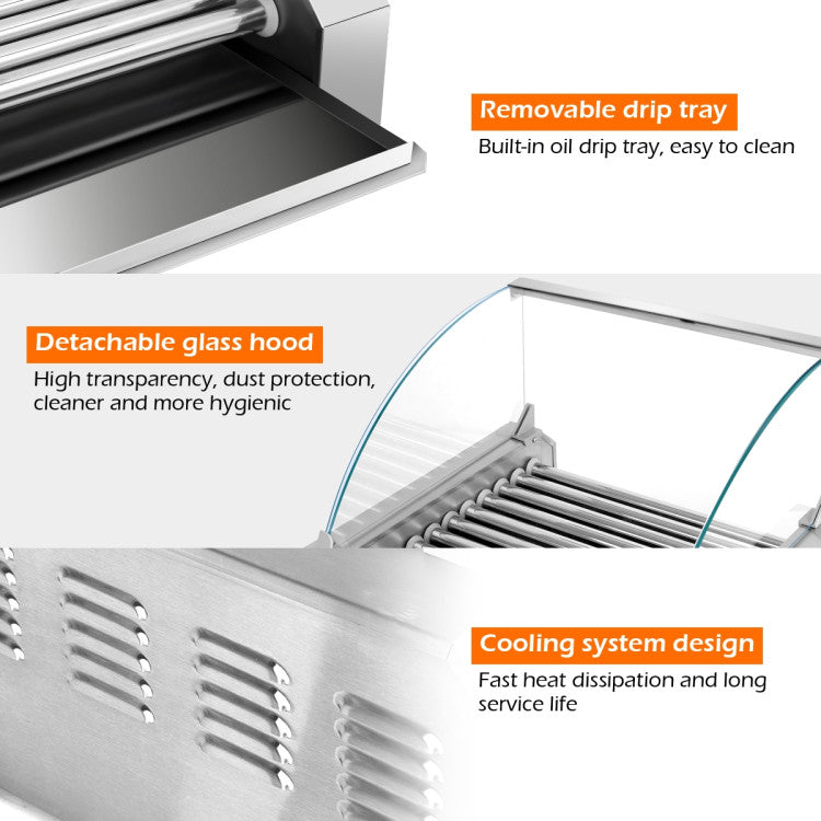 Asador de perritos calientes de acero inoxidable de 11 rodillos, capacidad para 30 perritos calientes