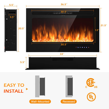 Chimenea eléctrica empotrable de 36 pulgadas para pared con temporizador