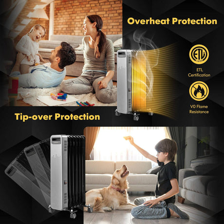 Calentador de radiador portátil de aceite de 1500W para el hogar y la oficina - Negro
