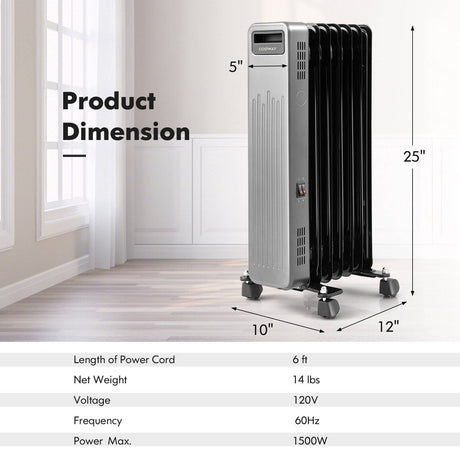 Calentador de radiador portátil de aceite de 1500W para el hogar y la oficina - Negro