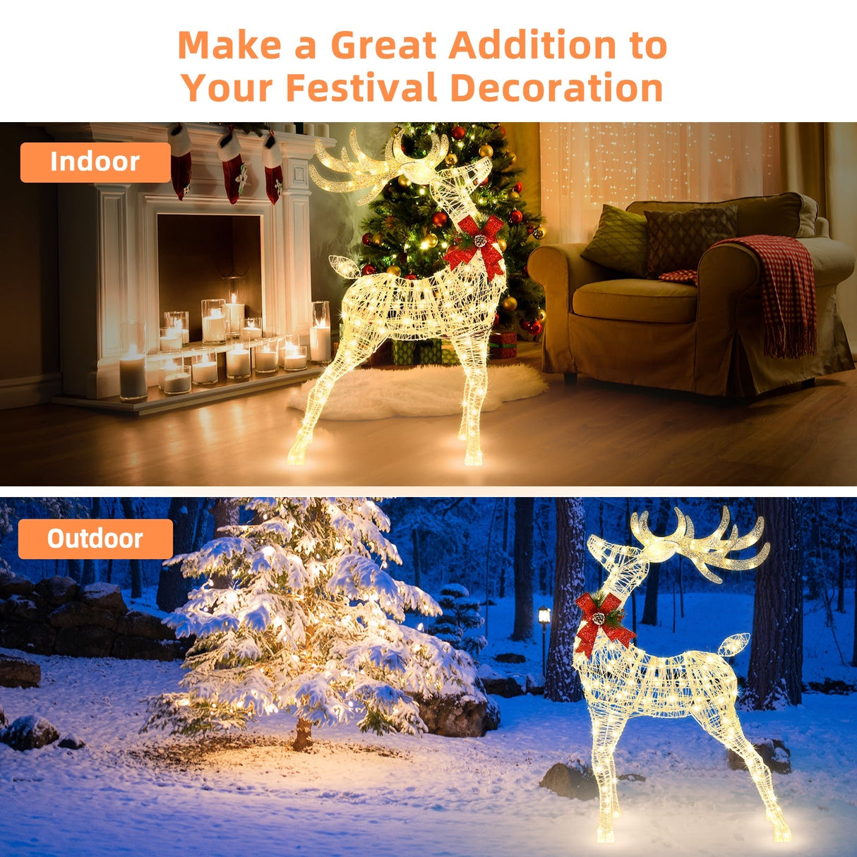 Reno Iluminado de Pie con Estacas para Decoración Navideña