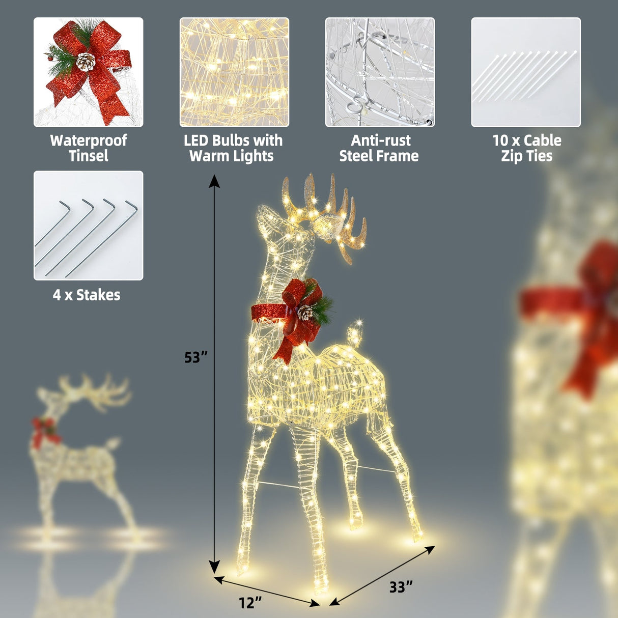 Reno Iluminado de Pie con Estacas para Decoración Navideña
