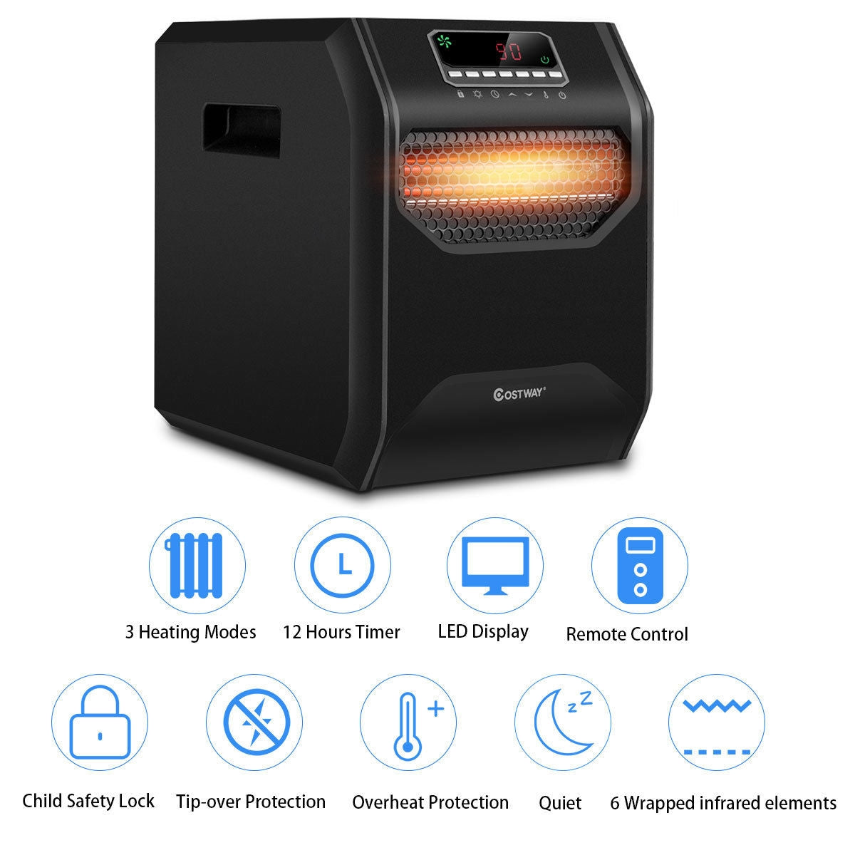 Calentador eléctrico portátil con control remoto, LED y temporizador de 12 horas