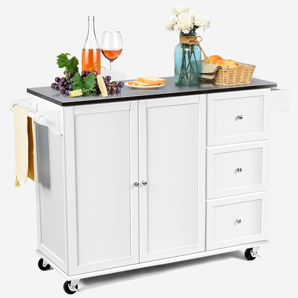 Isla de cocina con gabinete de almacenamiento de 2 puertas, cajones y encimera de acero inoxidable