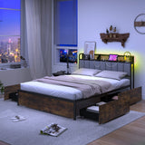 Twin/Full/Queen Bed Frame with LED Lights Upholstered Headboard and 4 Storage Drawers
