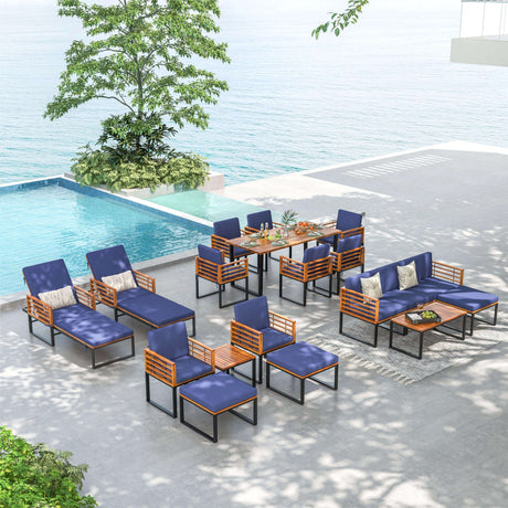 Juego de conversación de 3 piezas para patio de madera de acacia con sillones acolchados - Azul marino