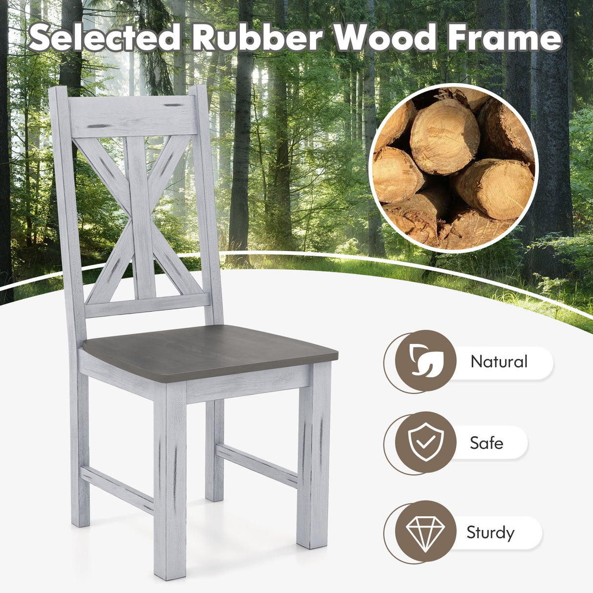 Farmhouse Chair Set of 2 with Rubber Wood Frame and Elegant Hollowed Backrest-Gray