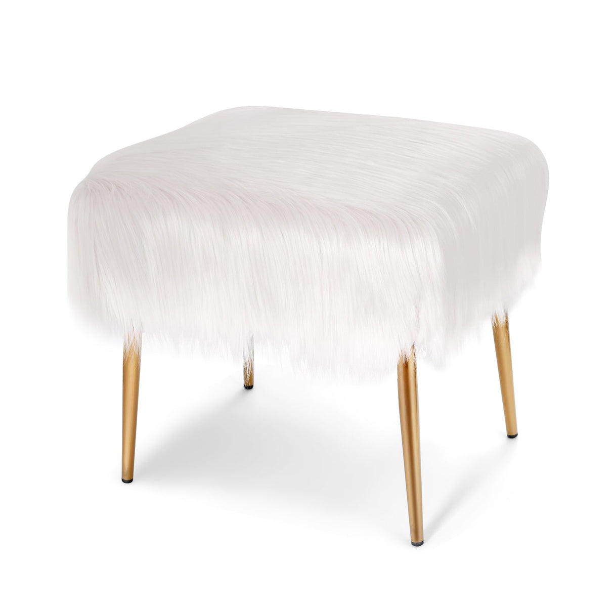 Taburete de Tocador de Pelo Sintético con Patas de Metal Doradas para Sala de Maquillaje
