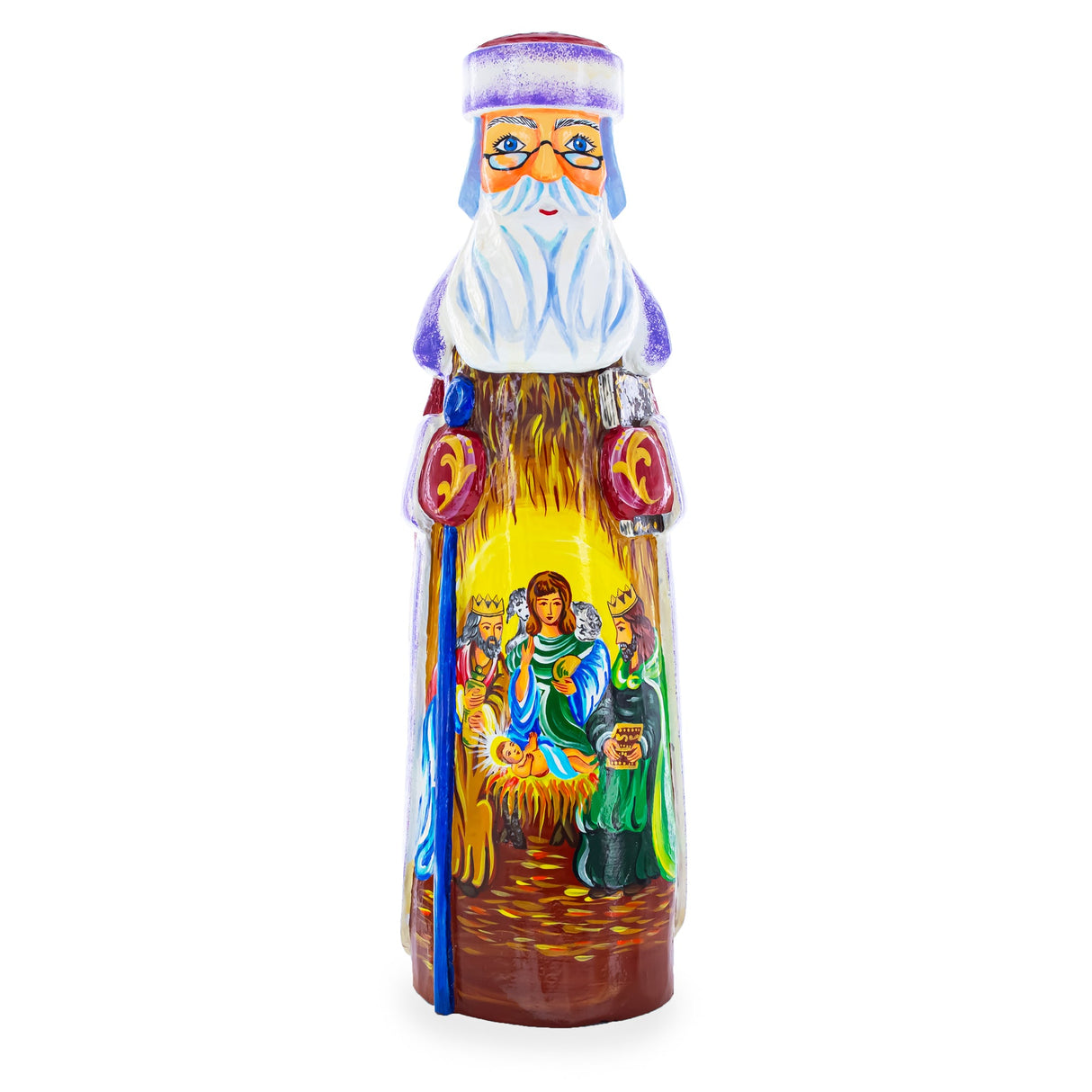 Santa over Nativity Scene Ukrainian Hand Carved Solid Wood Figurine 11 Inches
