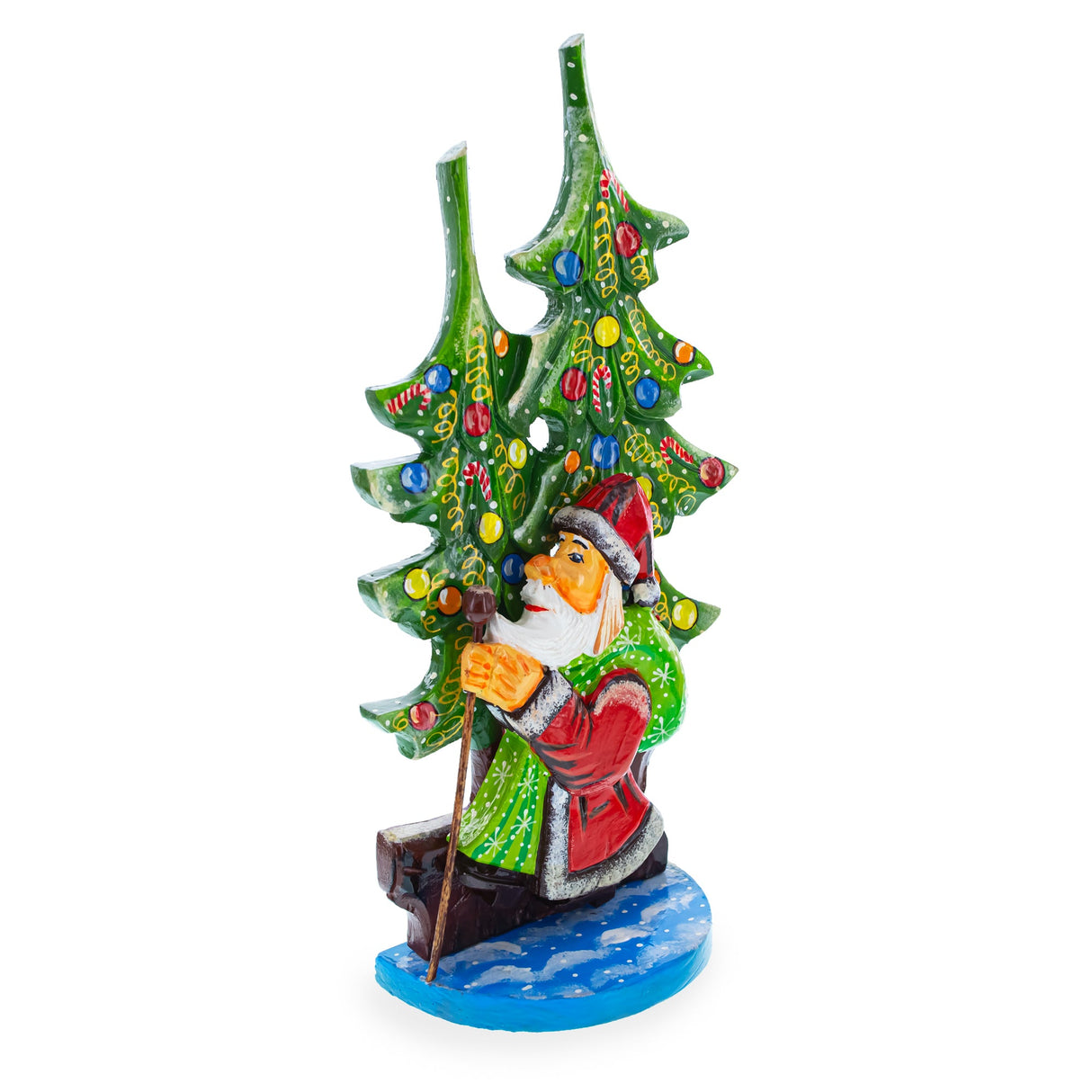 Did Moroz (Santa) and Christmas Tree Hand Carved Ukrainian Wooden Figurine 12.25 Inches