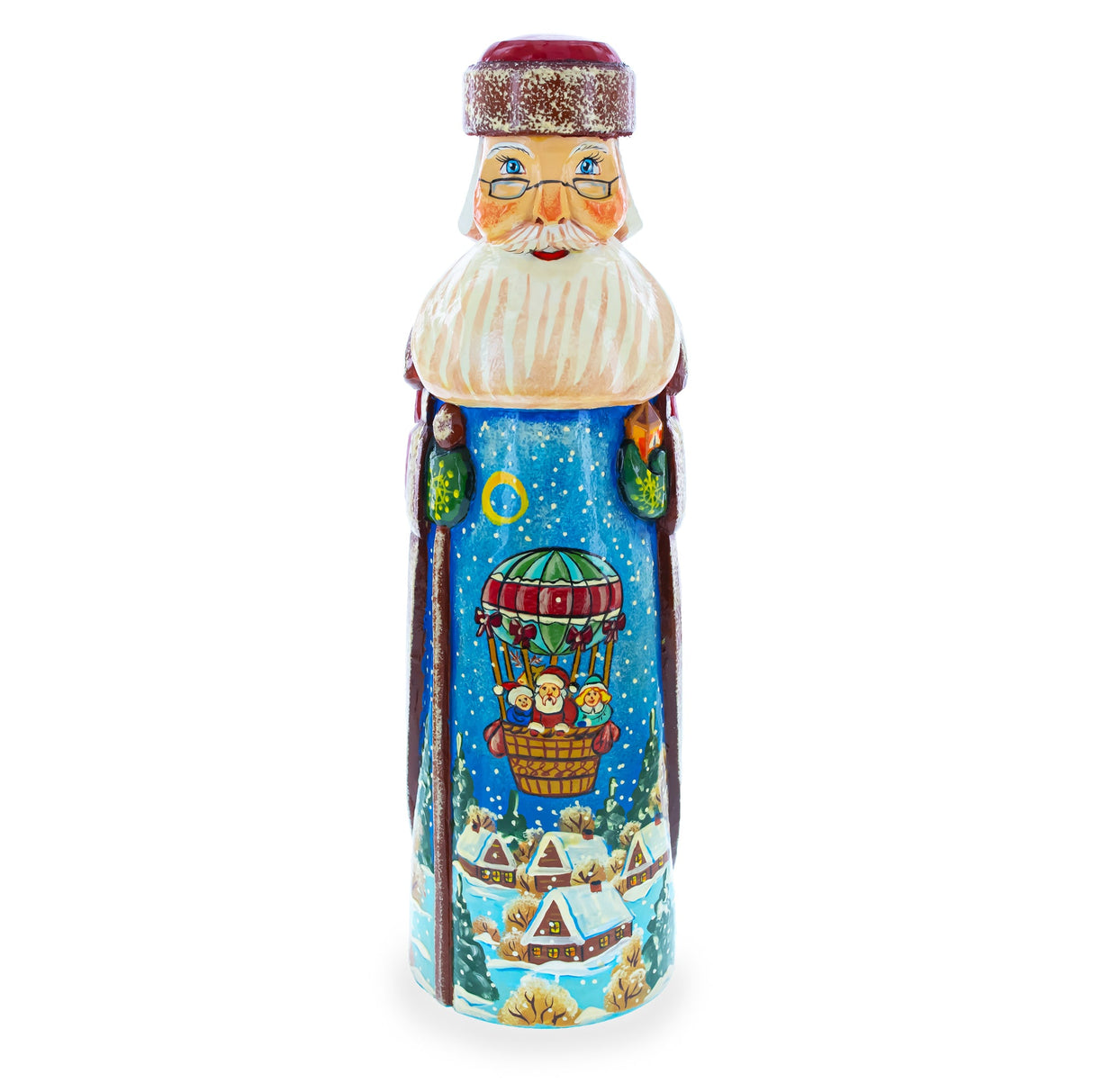 Riding on Air Balloon Hand Carved Solid Wood Santa Figurine 11 Inches