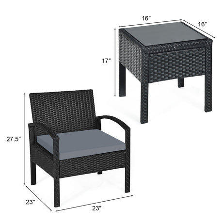 Juego de 3 piezas de muebles de patio de ratán para conversación con cojines de asiento