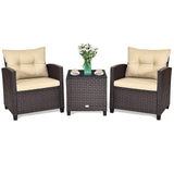 3 Pcs Patio Rattan Furniture Set Cushioned Conversation Set Coffee Table-Beige