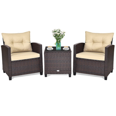Juego de muebles de patio de ratán de 3 piezas, juego de conversación acolchado, mesa de centro - Beige