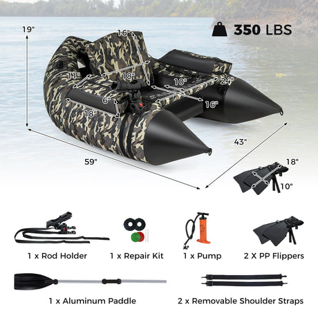 Tubo Flotador Hinchable de Pesca de 350 LBS con Respaldo Ajustable y Correas de Mochila - Camuflaje