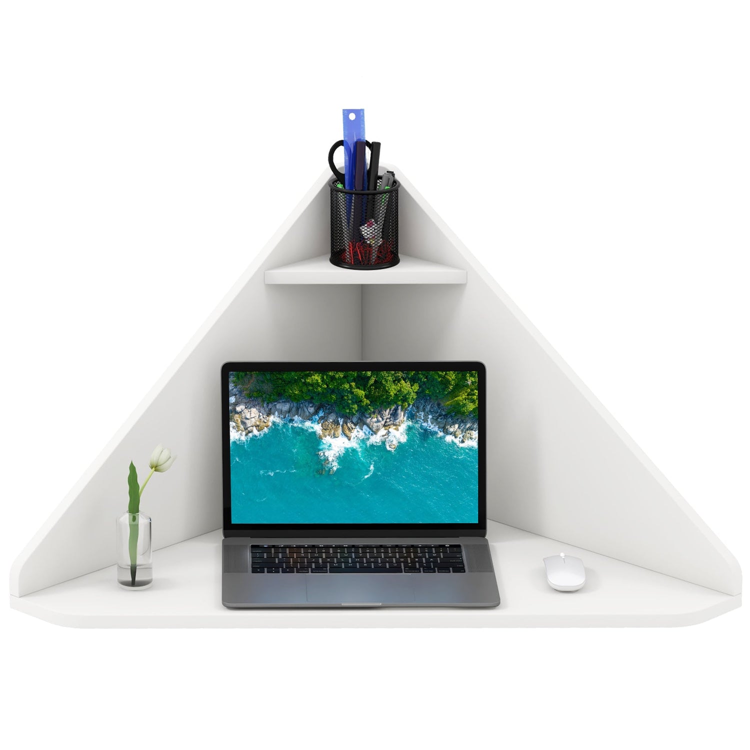 Escritorio esquinero flotante triangular para computadora con estante de almacenamiento